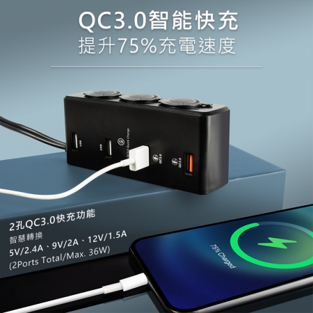 【好買點數放大】aibo QC3.0車用擴充快速充電器（4USB孔＋3點菸孔）