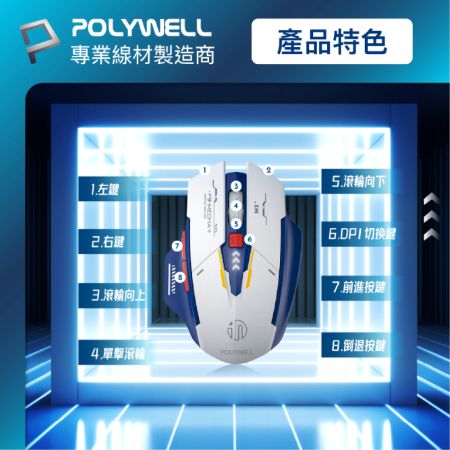 POLYWELL 無線機甲風滑鼠 2.4Ghz 6鍵滑鼠 USB-C充電  四段DPI 低噪輕巧 寶利威爾 台灣現貨