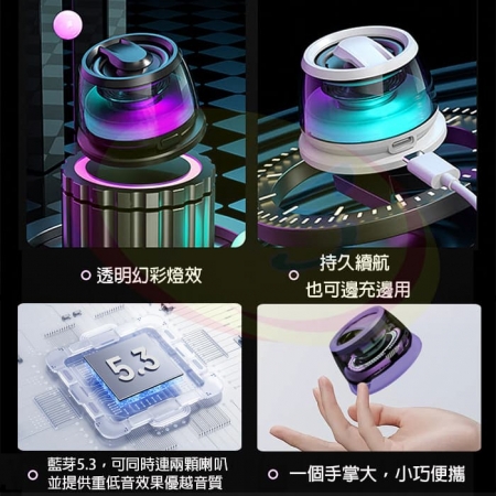 MCK M02 迷你環繞立體聲藍牙喇叭 重低音砲藍芽小音箱 手機磁吸支架一對二無線音響 七彩氛圍燈 免持麥克風/擴音器