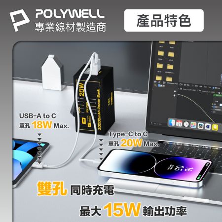 POLYWELL 20W貨櫃屋行動電源 20000mAh 1A1C雙孔充電 LED照明燈 編織掛繩 寶利威爾 台灣現貨