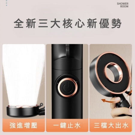  【加壓環形鏤空蓮蓬頭套組 （含150CM水管）】一鍵止水 三檔切換 加壓蓮蓬頭