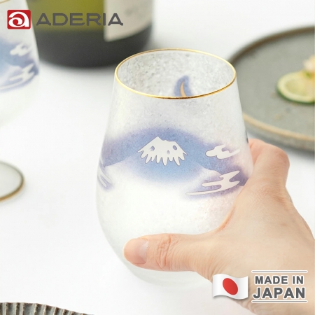 【ADERIA】日本製 富士月兔圖金邊玻璃杯/水杯 360ml