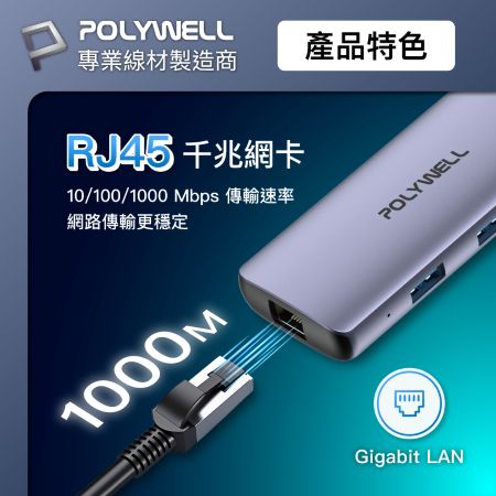 POLYWELL Type-C六合一多功能集線器 HUB 100W PD快充 HDMI RJ45 寶利威爾 台灣現貨