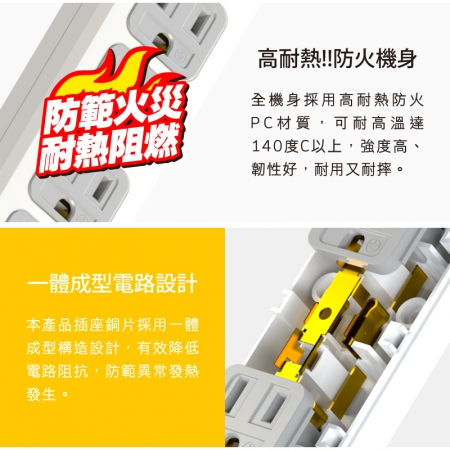 Tyson太順電業 TS-316AS 3孔1切6座延長線（拉環扁插）-1.8米