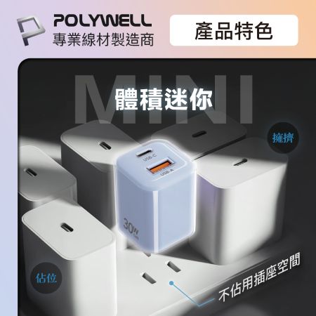 POLYWELL 30W小冰塊PD快充組 充電頭＋充電線 適用iPhone 安卓 GaN氮化鎵 寶利威爾 台灣現貨