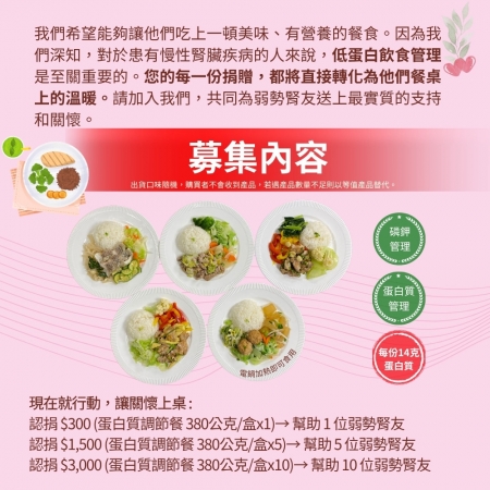 灶神在家《專業蛋白質調節餐》幫助10位弱勢腎友 （購買者不會收到商品） 愛心募集捐贈