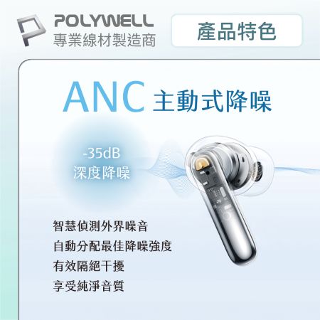 POLYWELL ANC入耳式無線降噪耳機 主動式降噪 高清音質 可連接雙設備 USB-C充電 寶利威爾 台灣現貨
