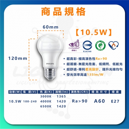 6入 LED 真彩光系列燈泡 10.5W 節能燈泡 省電燈泡（無藍光 省電燈泡 護眼）
