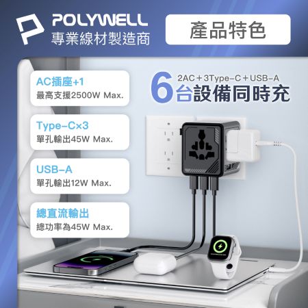 POLYWELL 多國旅行充電轉接器 45W 機甲風 萬國旅行充 雙AC插座 3Type-C＋USB 寶利威爾 台灣現貨