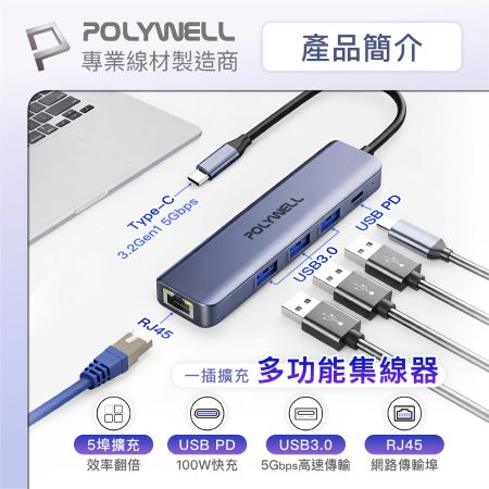 POLYWELL Type-C五合一多功能集線器 100W PD快充 RJ45 USB3.0 HUB 寶利威爾 台灣現貨