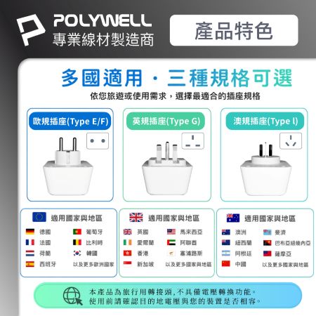 POLYWELL 多國旅行充電轉接器 澳規 英規 歐規 雙USB-C＋雙USB-A 4孔台規插座 寶利威爾 台灣現貨