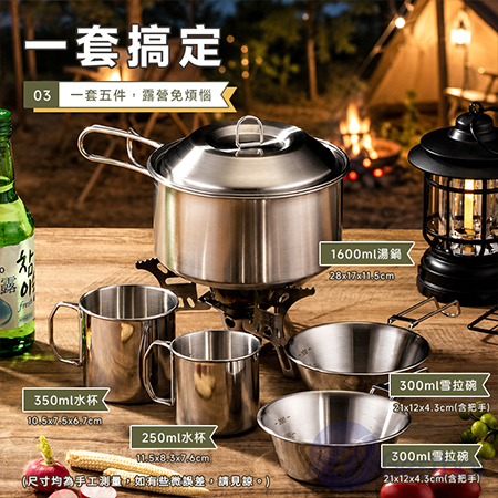 【Besthot】戶外不鏽鋼鍋具露營五件組 雪拉碗 雪拉杯