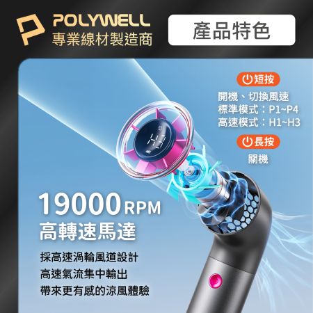 POLYWELL 小水管ULTRA數顯渦輪風扇 7段風速 高轉速馬達 USB-C充電 附掛繩 絨布袋 寶利威爾 台灣現貨