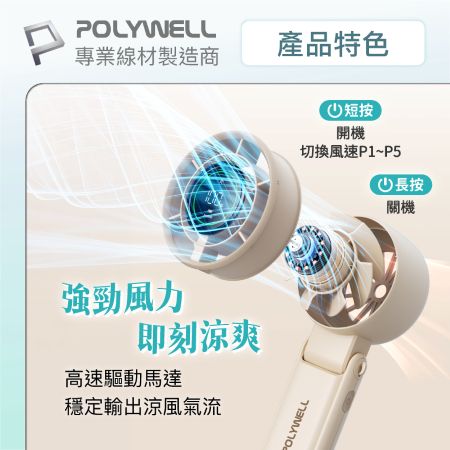 POLYWELL 180°折疊式數顯高速風扇 5段風速 USB-C充電 掛繩可頸掛手持 可放置於桌面 寶利威爾 台灣現貨