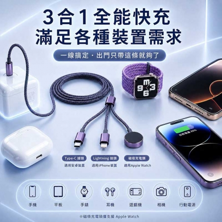 【DA】3合1多功能編織快充線（Apple Watch磁吸充電/Lightning/Type-C） 1.2M