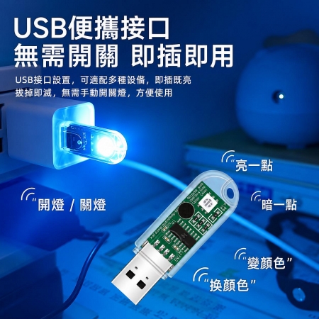 迷你USB雙面透明 LED燈-10入組（聲控小夜燈 七彩變色燈 可調亮度手電筒 照明燈 緊急求救燈 登山露營）適用旅充頭/行動電源