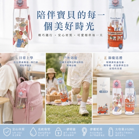 【PETER RABBIT 比得兔】童趣漫遊Tritan輕量吸管水壺650ml（春日莓好 & 英倫漫遊 二款可選）