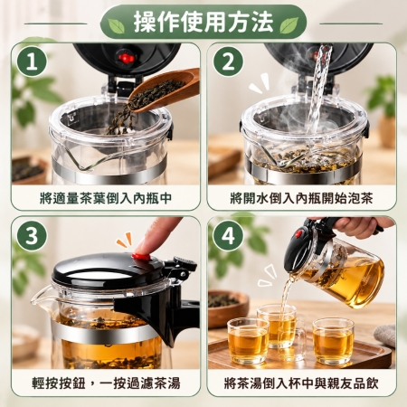 【一鍵茶水分離玻璃泡茶壺】