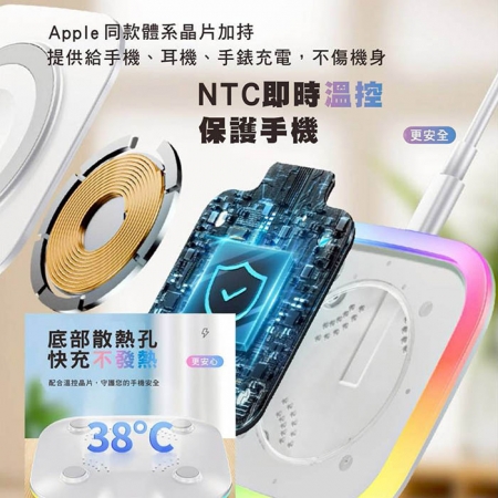 【好買點數放大】KooPin 炫彩LED三用磁吸15W無線充電器/充電盤（夜燈/手機/Watch/Airpods）
