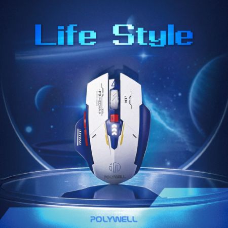 POLYWELL 無線機甲風滑鼠 2.4Ghz 6鍵滑鼠 USB-C充電  四段DPI 低噪輕巧 寶利威爾 台灣現貨