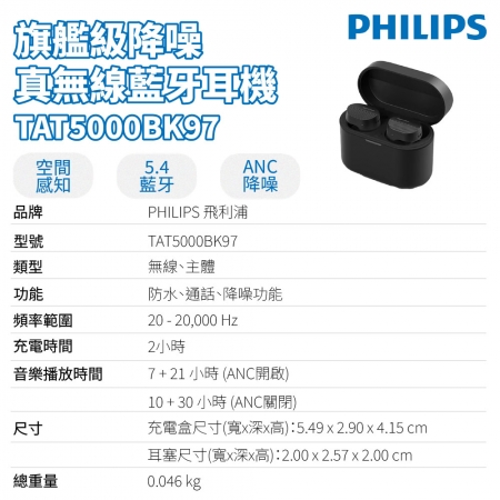 【PHILIPS 飛利浦】旗艦級降噪真無線藍牙耳機 TAT5000BK/97
