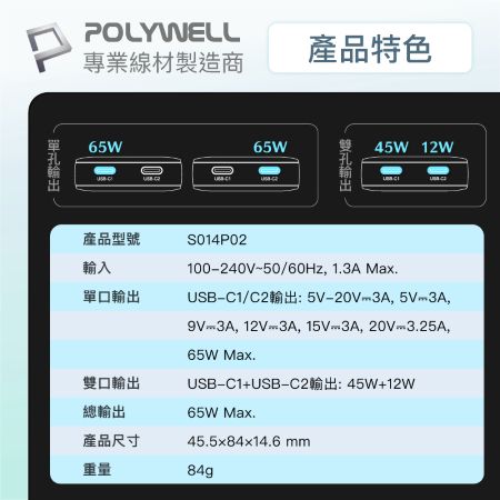 POLYWELL 65W雙Type-C輕薄型快充頭 電源供應器 GaN 可充筆電 S014P02 寶利威爾 台灣現貨