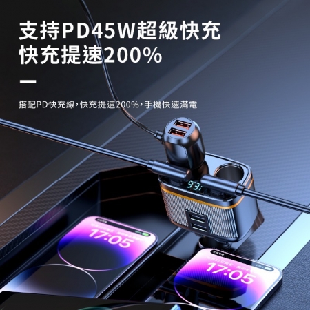 Songwin 145W雙孔車用擴充器/車用充電器（PD45W＋QC3.0/數顯電壓/90度可彎折）