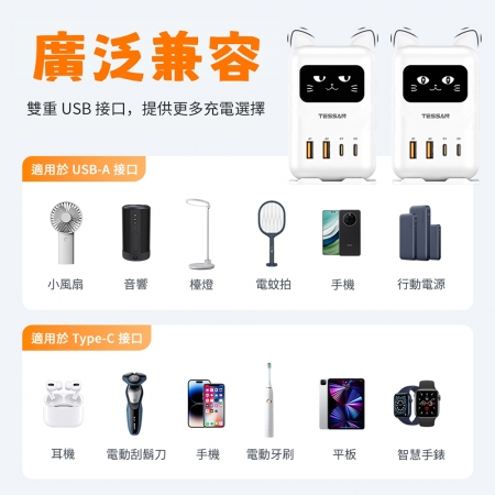 TESSAN 閃電貓65W GaN氮化鎵 快充充電器-1.8米
