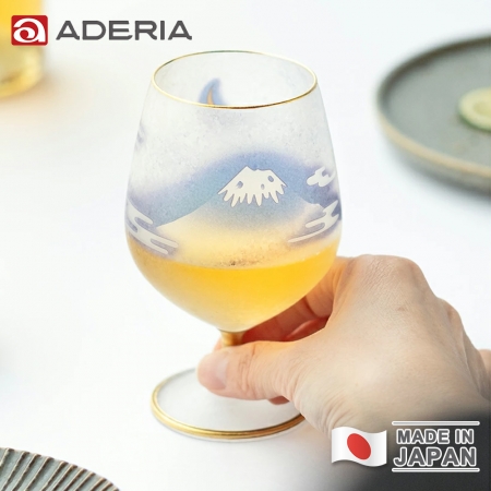 【ADERIA】日本製 富士月兔圖金邊高腳玻璃杯/酒杯 210ml