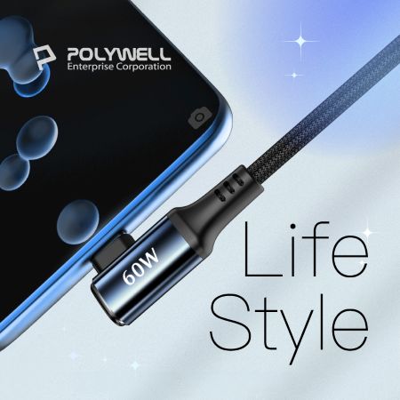 POLYWELL Type-C彎頭快充編織線 1M PD60W 夜曜石系列 適用i15及以上手機 安卓 寶利威爾 台灣現貨
