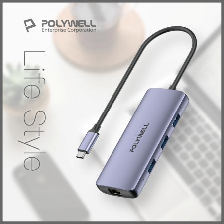 POLYWELL Type-C六合一多功能集線器 HUB 100W PD快充 HDMI RJ45 寶利威爾 台灣現貨