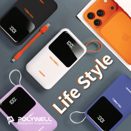 POLYWELL 自帶線行動電源 10000毫安 Type-C/蘋果線 USB/Type-C孔 數顯 寶利威爾 台灣現貨