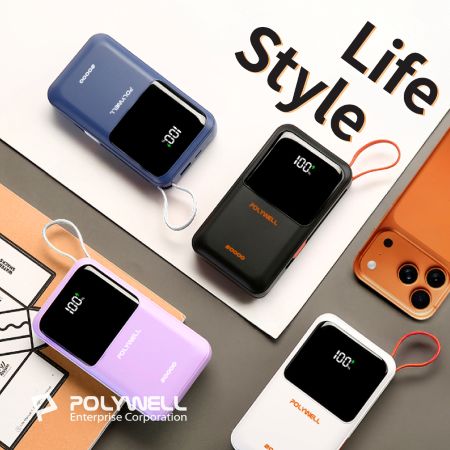 POLYWELL 自帶線行動電源 20000毫安 Type-C/蘋果線 USB/Type-C孔 數顯 寶利威爾 台灣現貨