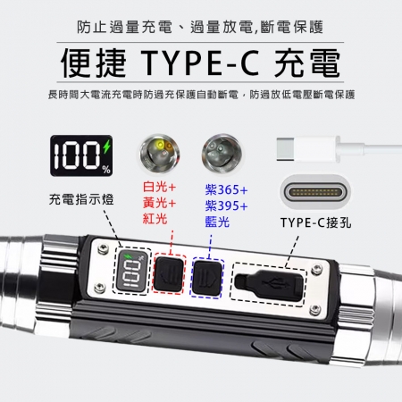 HANLIN-6in1 六光源鑑定手電筒燈 充電Typec 電量顯示