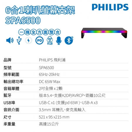 【PHILIPS 飛利浦】多功能藍牙喇叭HUB螢幕增高架 SPA6500RGB