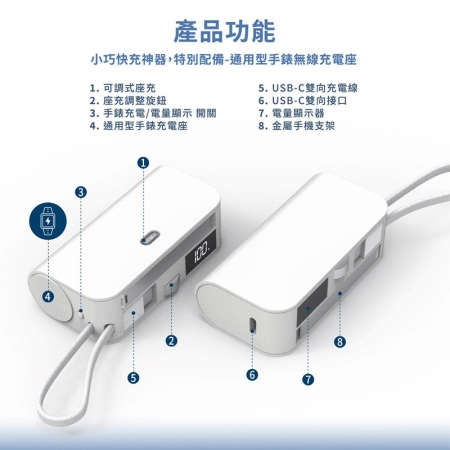 【好買點數放大】Wephone 5000mAh 隱藏直插式/數顯20W快充行動電源（雙向自帶線/可充手錶）