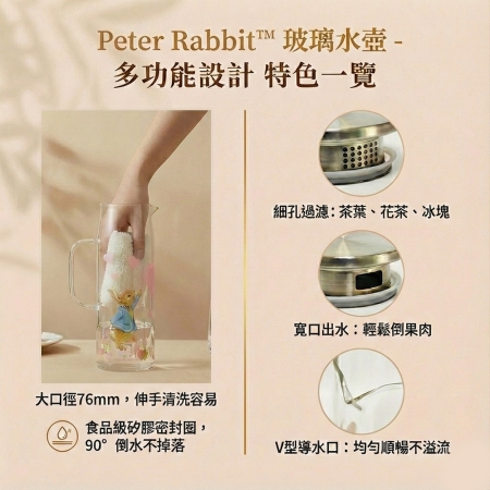 精緻禮盒趣~【PETER RABBIT 比得兔】耐熱玻璃水壺1300ml 附水杯2入組 （一壺二杯組） - 2款可選（綠野仙蹤/心心相印）