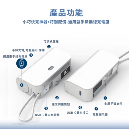 Wephone 5000mAh 隱藏直插式/數顯20W快充行動電源＋USB半導體冰風扇（雙向自帶線/可充手錶）