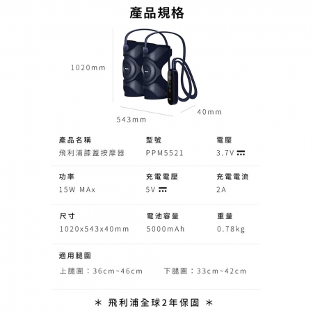 【PHILIPS 飛利浦】 膝部氣囊按摩器 PPM5521DB