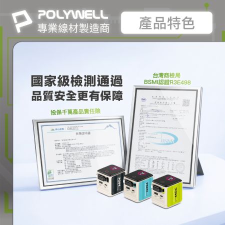 POLYWELL 70W多模數顯伸縮線快充頭 Type-C＋USB孔 氮化鎵GaN電源供應器可充筆電 寶利威爾 台灣現貨