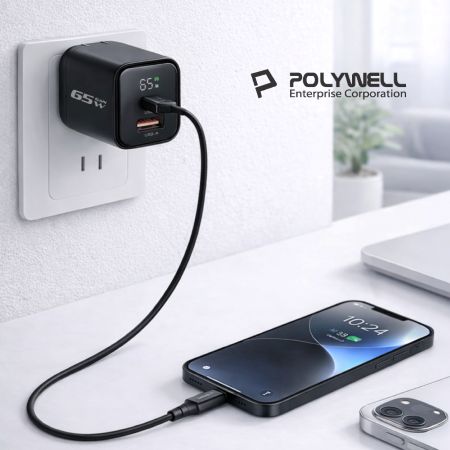 POLYWELL 65W數顯PD快充頭 Type-C＋USB埠 可充筆電 GaN氮化鎵 BSMI認證 寶利威爾 台灣現貨