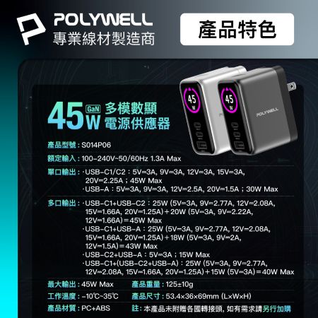 POLYWELL 45W多模數顯電源供應器 雙USB-C孔＋1A孔 TFT 型號S014P06 寶利威爾 台灣現貨