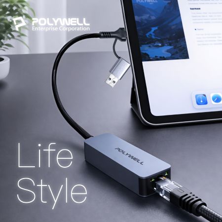 POLYWELL 2.5Gbps外接有線網卡 Type-C＋USB雙介面 RJ45 台製高速晶片 寶利威爾 台灣現貨