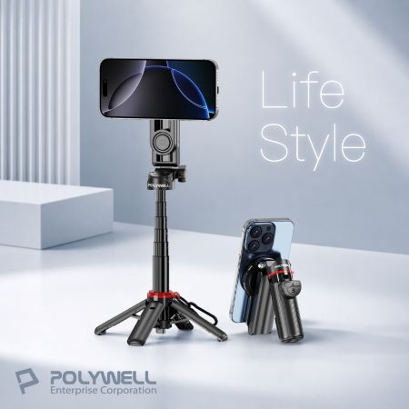 POLYWELL 迷你款磁吸手機自拍支架 磁吸自拍桿 自拍棒 直播腳架 藍牙遙控 手機支架 三腳架 寶利威爾 台灣現貨