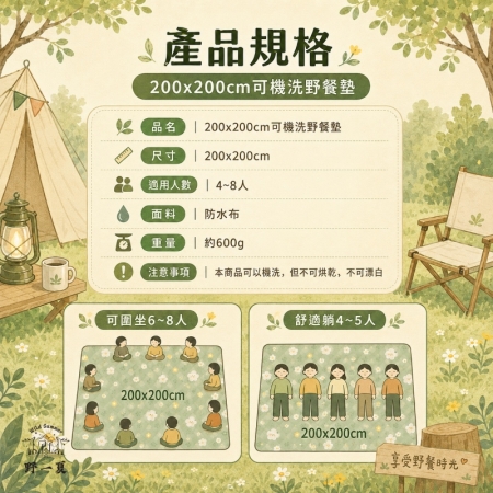 【Wild Summer】可機洗防水折疊野餐墊200x200cm 大尺寸地墊 加厚防潮墊 戶外露營 親子 防濕墊