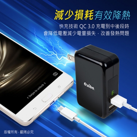 aibo QC3.0 5V/9V/12V 雙USB勁速快充器（支援Type-C充電）