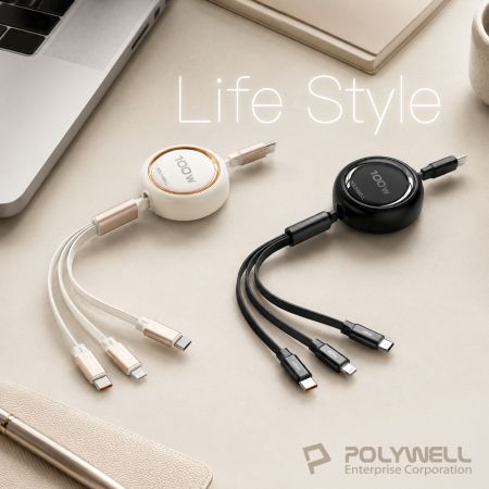 POLYWELL 3合一100W伸縮快充線 C＋Lightning＋Micro-B 可充筆電 通用 寶利威爾 台灣現貨