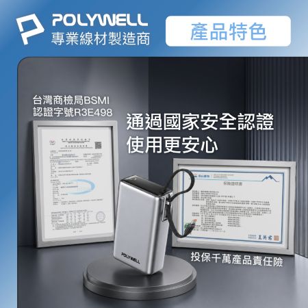 POLYWELL TFT智慧顯示行動電源 65W 20000mAh  自帶Type-C線 A＋C孔 寶利威爾 台灣現貨