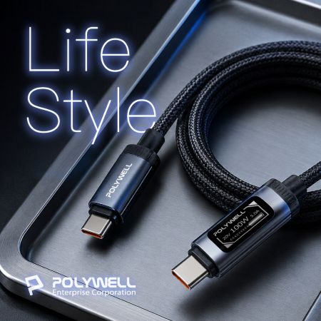 POLYWELL Type-C全資訊數位顯示快充線 1.2米 100W 電壓電流功率即時顯示 PD3.0 寶利威爾 台灣現貨