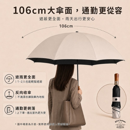 【Wild Summer】反向記憶貼片木柄自動傘 106cm大傘面 一鍵開收 木紋手柄 防潑水折疊傘